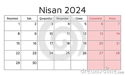 April 2024 TURKISH calendar - Nisan. Vector illustration. Monthly planning for business in Turkey Vector Illustration