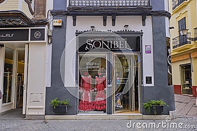 April 2019 Typical flamenco dress Shop in Seville, Andalusia, Spain Editorial Stock Photo