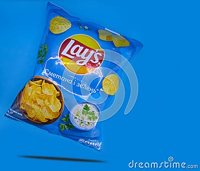 April 14, 2022, Ukraine, city of Kyiv Pack crunchy package original potato chips Lays Editorial Stock Photo