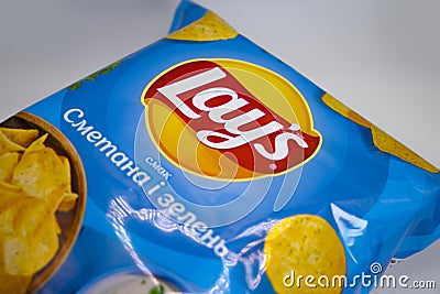April 14, 2022, Ukraine, city of Kyiv Pack package original potato chips Lays Editorial Stock Photo