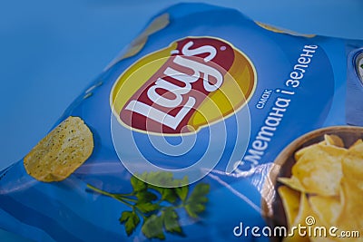 April 14, 2022, Ukraine, city of Kyiv Pack package original potato chips Lays Editorial Stock Photo