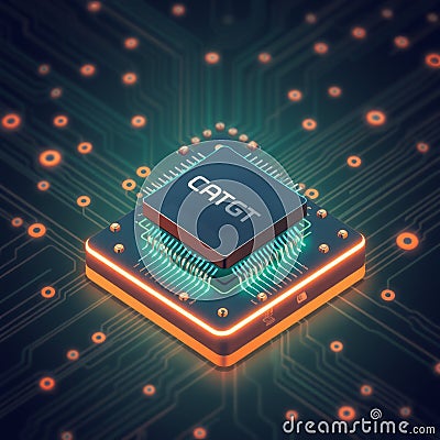 April 2023, Valencia, Spain: Chatgpt chipset processor concept on circuit board AI chatbot created by OpenAI using machine le Stock Photo