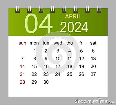 April 2024. Vector monthly calendar template 2024 year in simple style for template design Vector Illustration