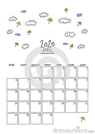 April 2020 doodle wall calendar Vector Illustration