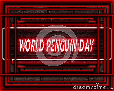 25 April, World Penguin Day, Neon Text Effect on Bricks Background Stock Photo