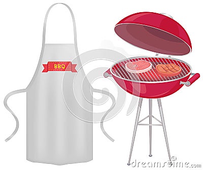 Apron with barbecue restaurant logo next to grill with meat. Protective garment for cooking BBQ Vector Illustration
