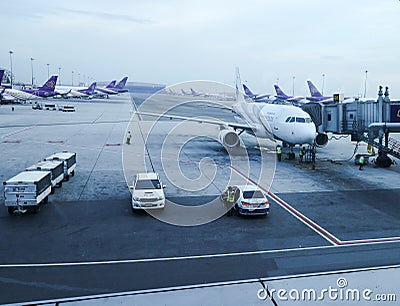 Apron inside of Suvarnabhumi Airport. Suvarnabhumi Airport is one of two international airports serving Bangkok Editorial Stock Photo