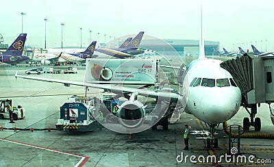 Apron inside of Suvarnabhumi Airport. Suvarnabhumi Airport is one of two international airports serving Bangkok Editorial Stock Photo