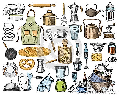 Apron or pinaphora and Hood, rolling pin and saucepan or corolla, wooden board. Chef and dirty kitchen utensils, cooking Vector Illustration