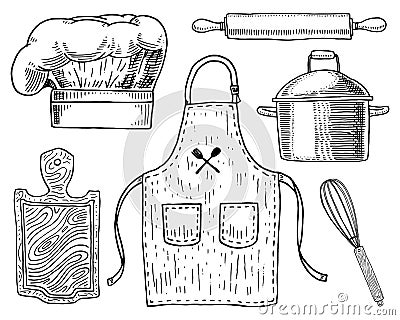 Apron or pinaphora and Hood, rolling pin and saucepan or corolla, wooden board. Chef and kitchen utensils, cooking stuff Vector Illustration
