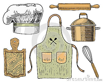 Apron or pinaphora and Hood, rolling pin and saucepan or corolla, wooden board. Chef and kitchen utensils, cooking stuff Vector Illustration