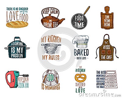 Apron and saucepan, bagel and wooden board with hood. Baking or dirty kitchen utensils, cooking stuff. logo emblem or Vector Illustration