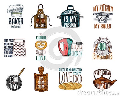 Apron and saucepan, bagel and wooden board with hood. Baking or dirty kitchen utensils, cooking stuff. logo emblem or Vector Illustration