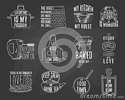 Apron and saucepan, bagel and wooden board with hood. Baking or dirty kitchen utensils, cooking stuff. logo emblem or Vector Illustration