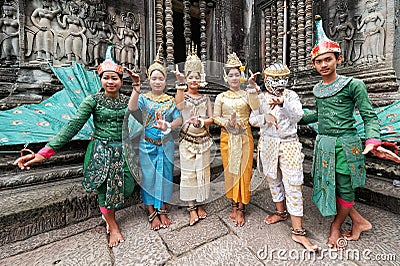 Apsara Dancers according to Khmer traditions. Angkor Wat Temple. Siem Reap Cambodia Editorial Stock Photo