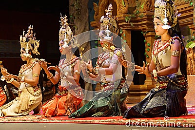 Apsara dancers kneel Editorial Stock Photo