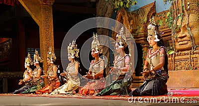 Apsara dancers kneel Editorial Stock Photo