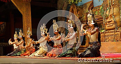 Apsara dancers kneel Editorial Stock Photo