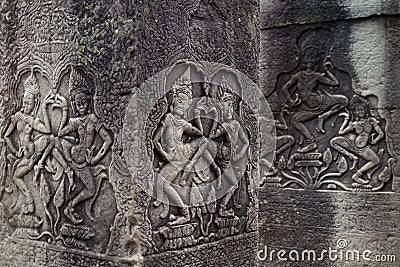 Apsara dancers on pillars at the Bayon temple, Angkor Wat, Cambodia Stock Photo