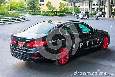 Aptiv self-driving BMW car operating on the Lyft network waits for passengers at hotel entrance Editorial Stock Photo