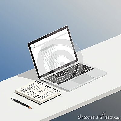aptop computer open on a white desk displaying text on its screen with a blank Stock Photo