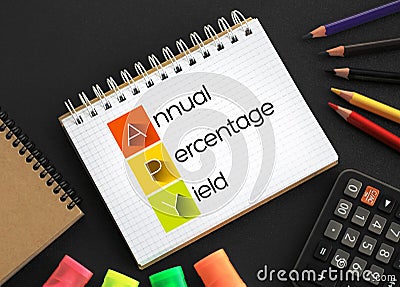 APY - Annual Percentage Yield acronym on notepad, business concept background Stock Photo