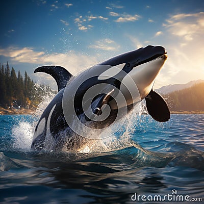 Aqua ballet Big orca whale leaps, a marine marvel unfolds Stock Photo