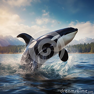 Aqua ballet Big orca whale leaps, a marine marvel unfolds Stock Photo