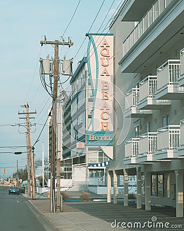 Aqua Beach Hotel sign in Wildwood, New Jersey Editorial Stock Photo