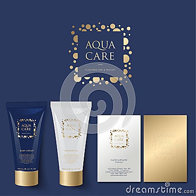 Aqua Care logo. Spa emblem. Mineral natural cosmetics logo. Identity. Tubes and business card Vector Illustration