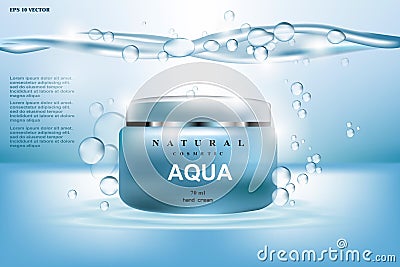 Aqua Cream Moisturizing cosmetic ads template. Hydrating facial lotion. Mockup 3D Realistic illustration. Sparkling Vector Illustration