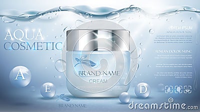Aqua cream moisturizing cosmetic. Advertising realistic underwater blue template. Vector Illustration