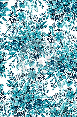 Aqua flowers, seamless design, botanical pattern. Cartoon Illustration