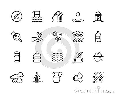 Aqua line icons. Water and liquids in containers such as glass bottle can, rain iceberg sea and geyser water sources Vector Illustration