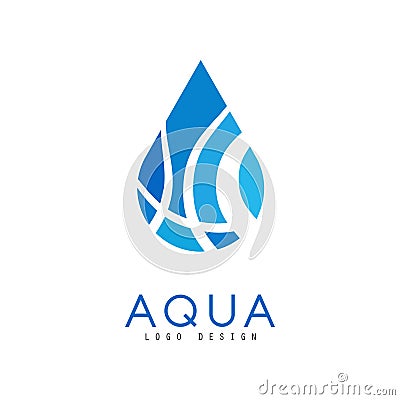 Aqua logo design, corporate identity template with blue water drop, ecology element for poster, banner, card Vector Illustration