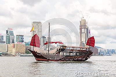 The Aqua Luna sail ship in Victoria Harbour Hong Kong. Editorial Stock Photo