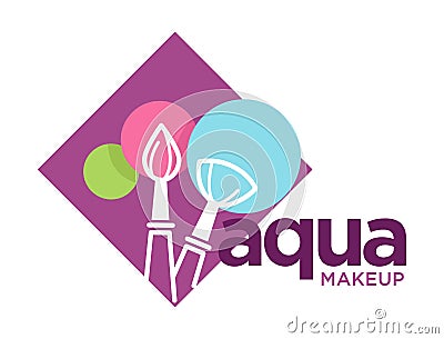 Aqua makeup logo with cosmetic brushes and round color patches Vector Illustration