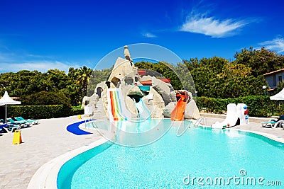 Aqua park with water slides in luxury hotel Stock Photo