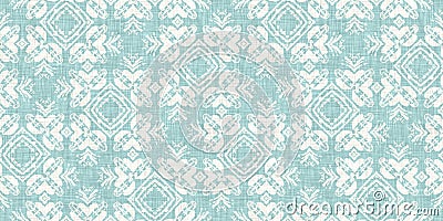 Aqua teal blue white vibrant watercolor batik azulejos tile border banner background. Seamless coastal blur linen effect Stock Photo