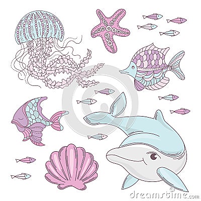 AQUA WORLD Underwater Sea Ocean Animal Cartoon Vector Set Stock Photo