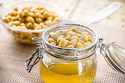 Aquafaba is the liquid for cooking chickpeas. Vegan or vegetarian ingredient used as a homemade alternative to egg whites in many Stock Photo