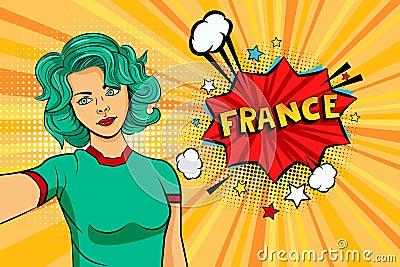 Aquamarine colored hair girl taking selfie photo in front of speech explosion France name in bubble pop art style. Element of spor Cartoon Illustration