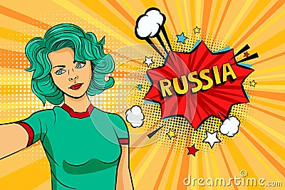 Aquamarine colored hair girl taking selfie photo in front of speech explosion Russia name in bubble pop art style. Element of spor Cartoon Illustration