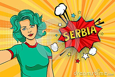 Aquamarine colored hair girl taking selfie photo in front of speech explosion Serbia name in bubble pop art style. Element of spor Cartoon Illustration