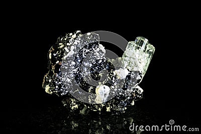 Aquamarine crystal and schorl, black background Stock Photo