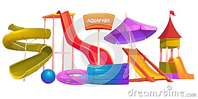 Aquapark equipment set Modern amusement park water Vector Illustration