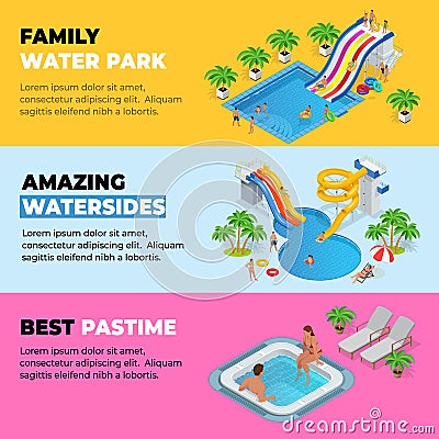 Aquapark horizontal web banners with different water slides, family water park, hills tubes and pools isometric vector Vector Illustration