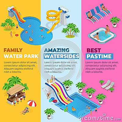 Aquapark vertical web banners with different water slides, family water park, hills tubes and pools isometric vector Vector Illustration