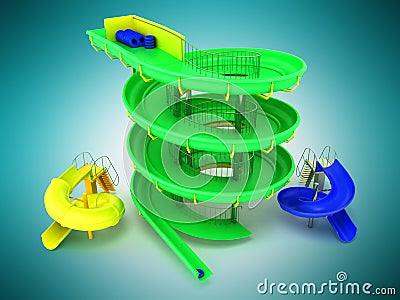 Aquapark water carousels green, blue, yellow 3d render on blue b Stock Photo