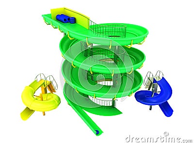 Aquapark water carousels green, blue, yellow 3d render on white Stock Photo